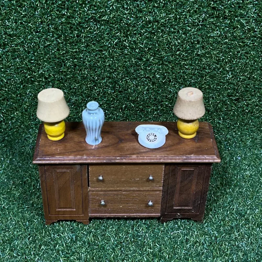 Vintage Miniature Wooden Dollhouse Buffet Dresser Lamp Vase